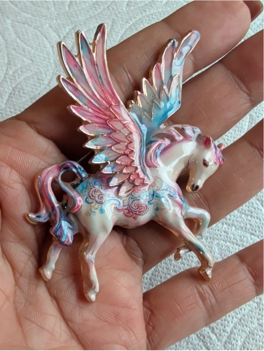 Gold Tone Pegasus Brooch Colorful Enamel